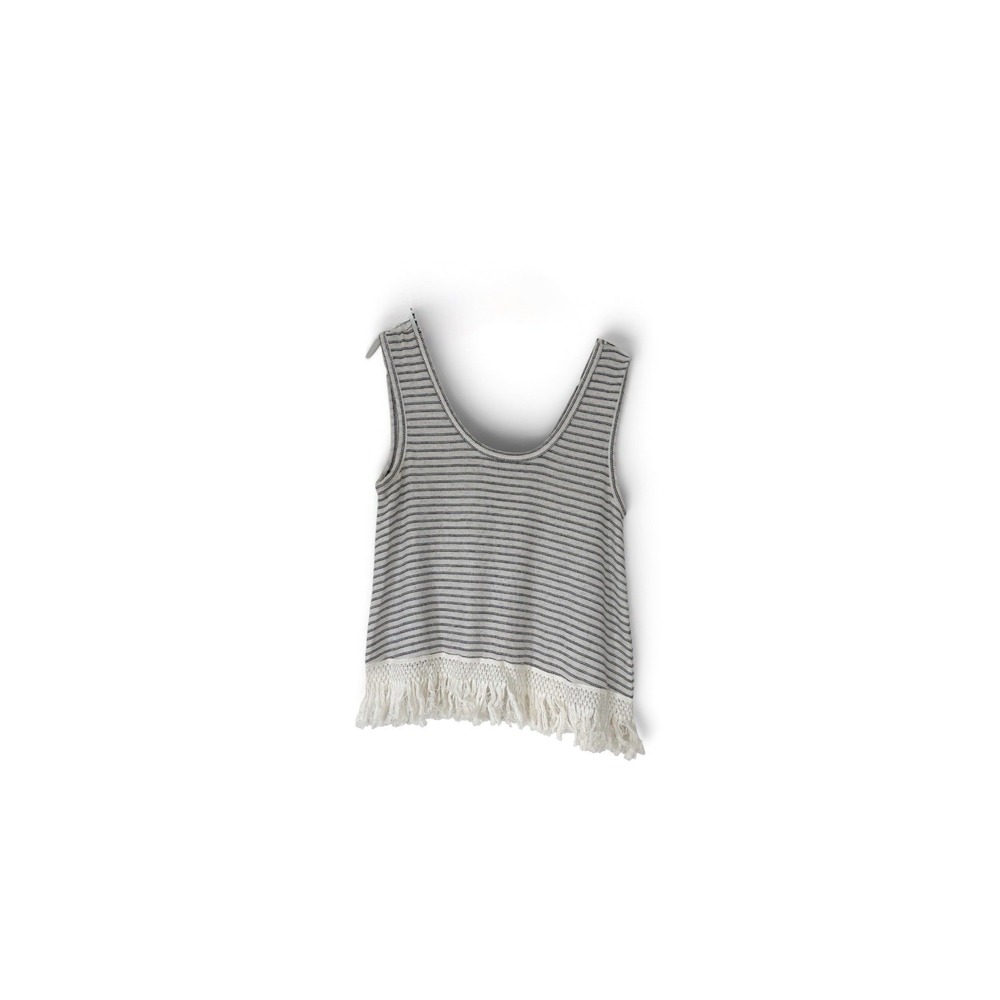 BB Dakota Striped Knit Tank Top White Black Crochet Fringe Hem Scoop‎ Neck Large